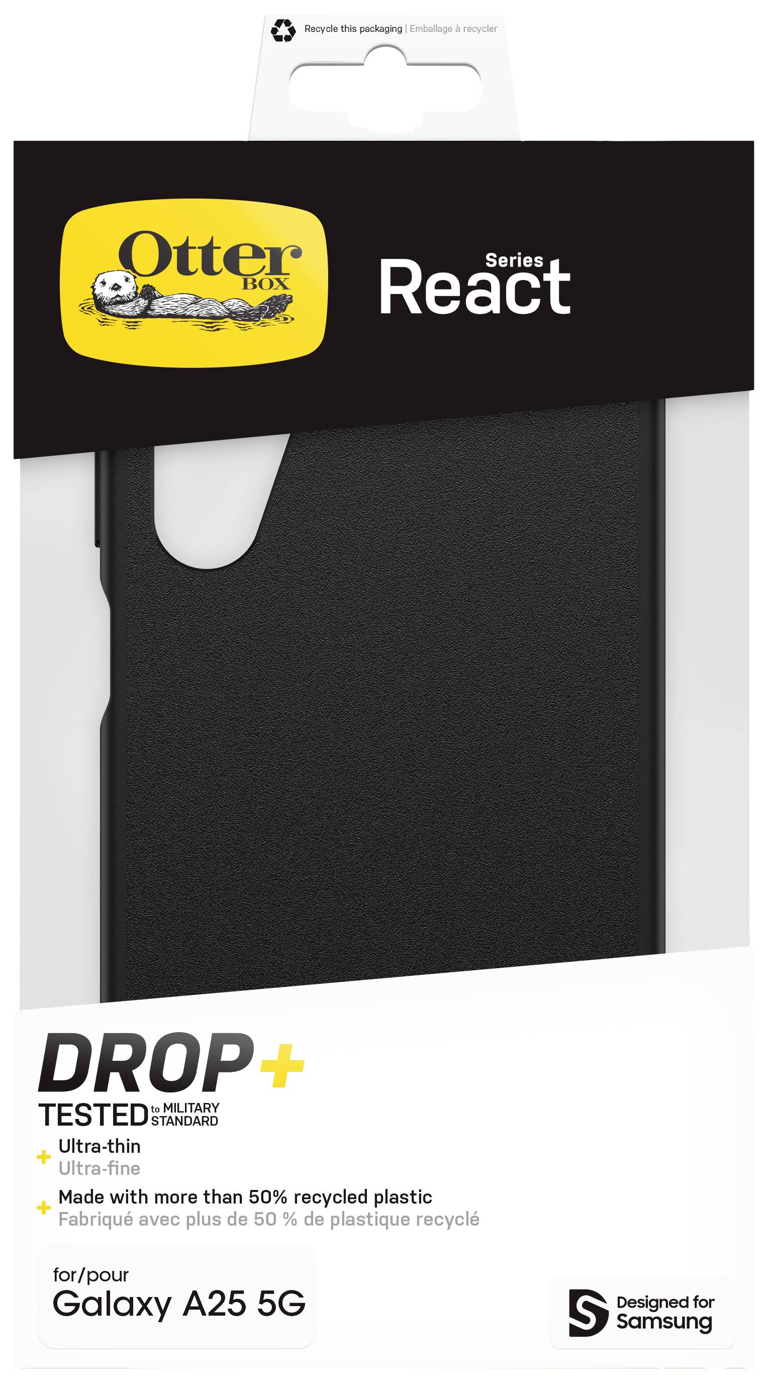 Cover nero per telefono OtterBox per Samsung Galaxy A25 5G, serie 'React', ultra sottile, realizzato con oltre il 50% di plastica riciclata.