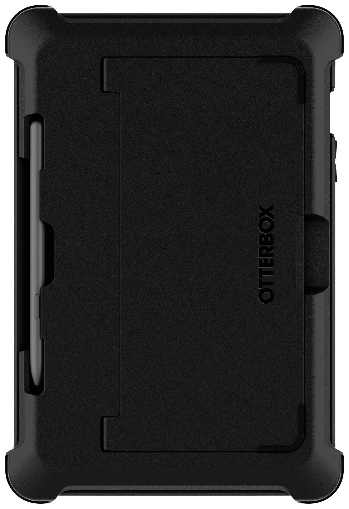 Custodia nera per tablet di OtterBox con portapenna integrato sul retro.