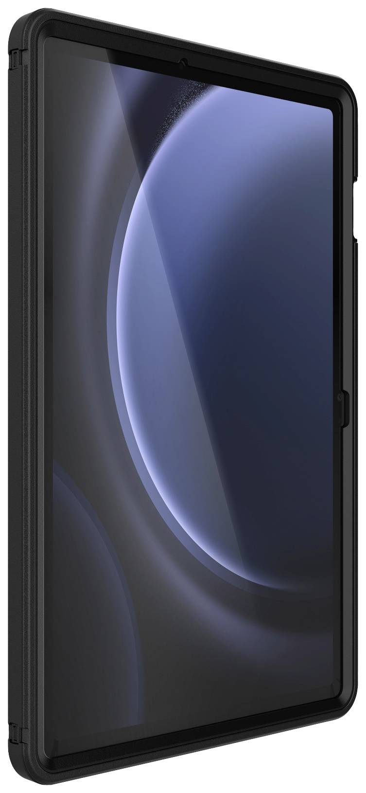 Un tablet moderno con involucro nero che mostra uno schermo curvo e minimalista.