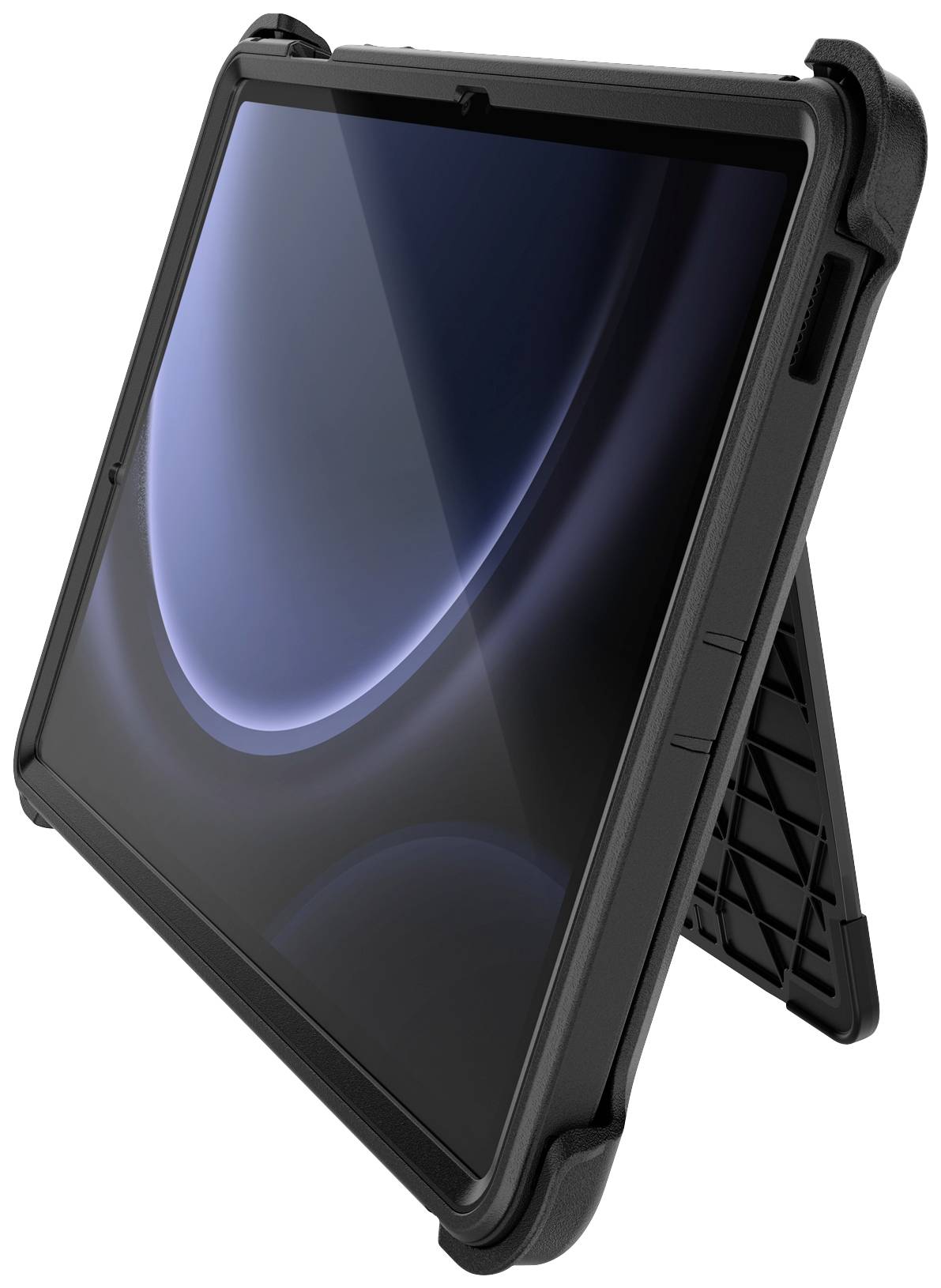 Tablet in un robusto involucro protettivo nero, posto su un tavolo. Lo schermo è nero con un leggero riflesso di luce.
