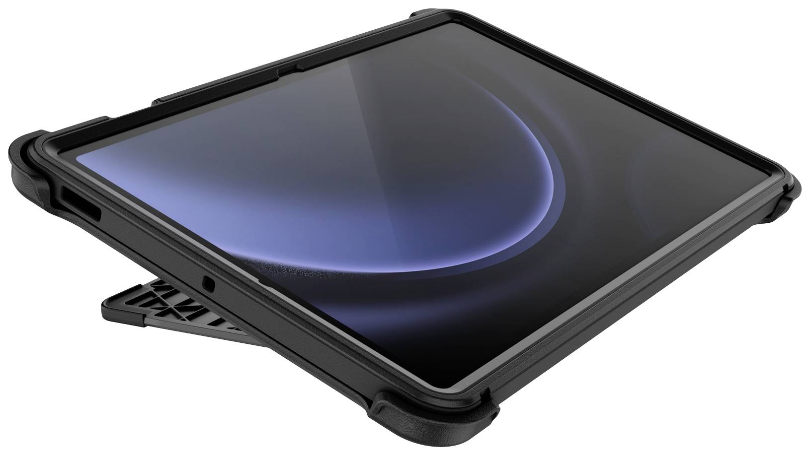 Tablet con custodia protettiva nera, posizionato in orizzontale. Il display è scuro, con un riflesso di luce blu visibile.