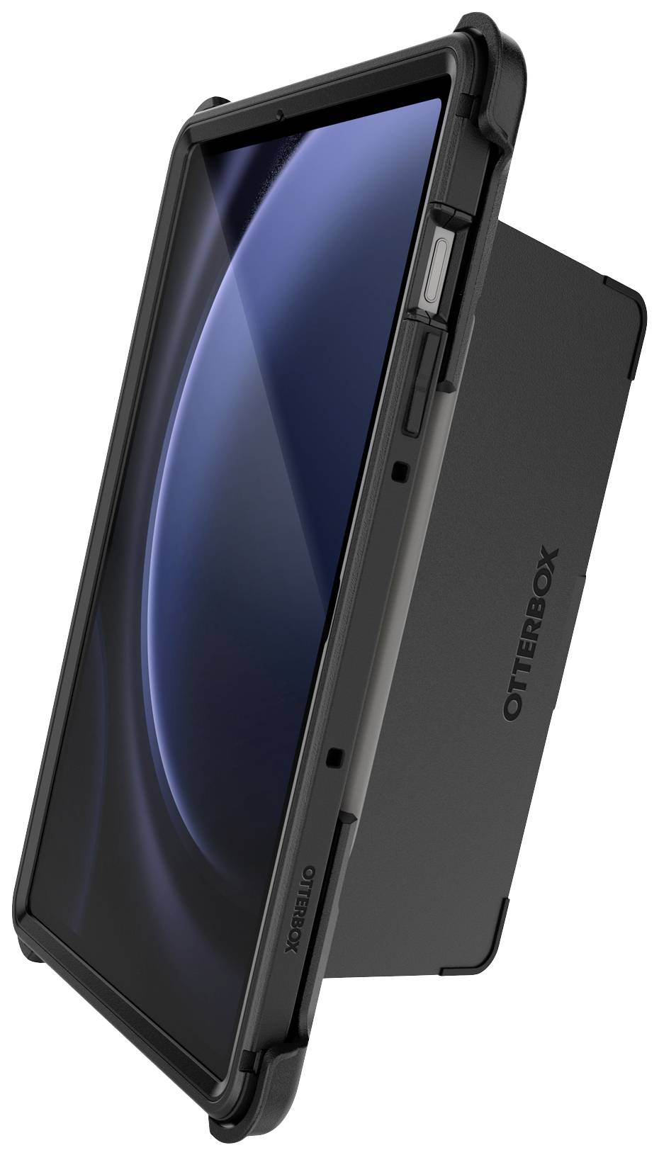 Tablet robusto con custodia protettiva Otterbox, appoggiato su un supporto pieghevole. Il display mostra una grafica di sfondo blu semplice.