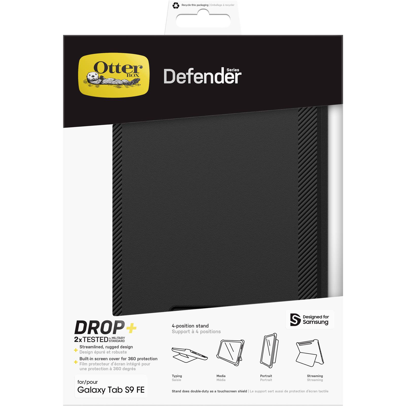 Cover protettivo nero della serie 'OtterBox Defender' per Samsung Galaxy Tab S9 FE, offre un supporto con 4 posizioni e protezione 'Drop+'.