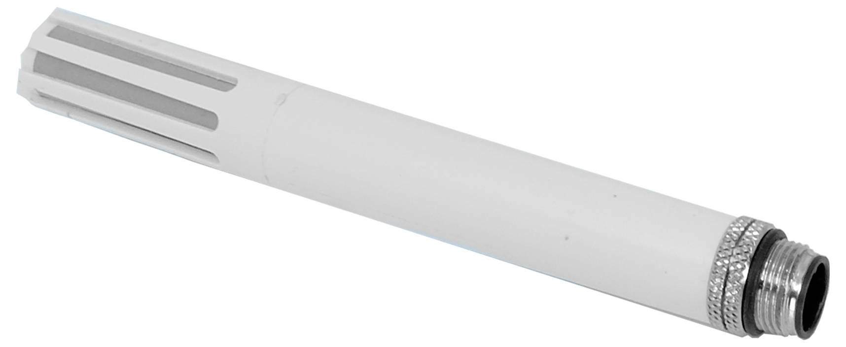 Una barra metallica bianca, cilindrica, con un'estremità filettata e una sezione scanalata, probabilmente un componente per un assemblaggio meccanico o industriale.