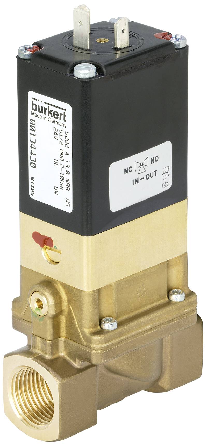 Un elettrovalvola Bürkert, modello GEM B A28 0135 145. È realizzata in metallo e plastica, con morsetti di connessione visibili.