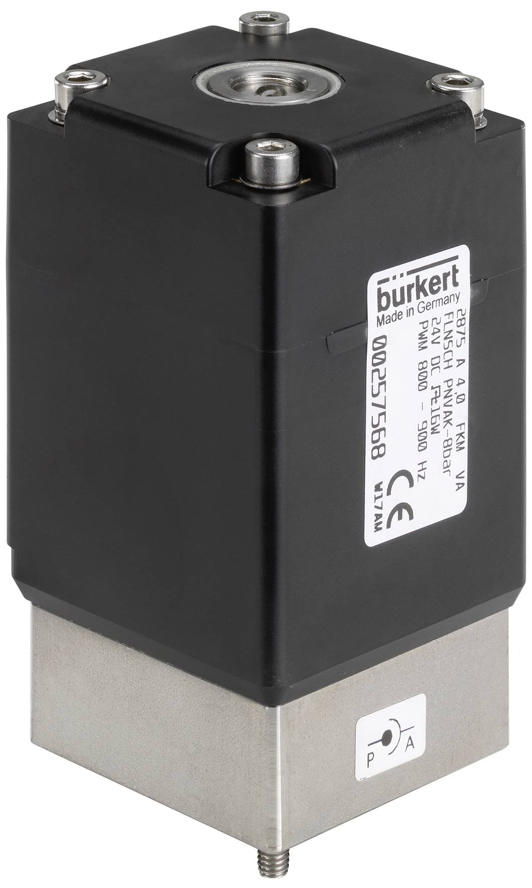 Valvola magnetica nera con base argentata, etichetta 'Burkert' con specifiche tecniche e numero di modello in alto.