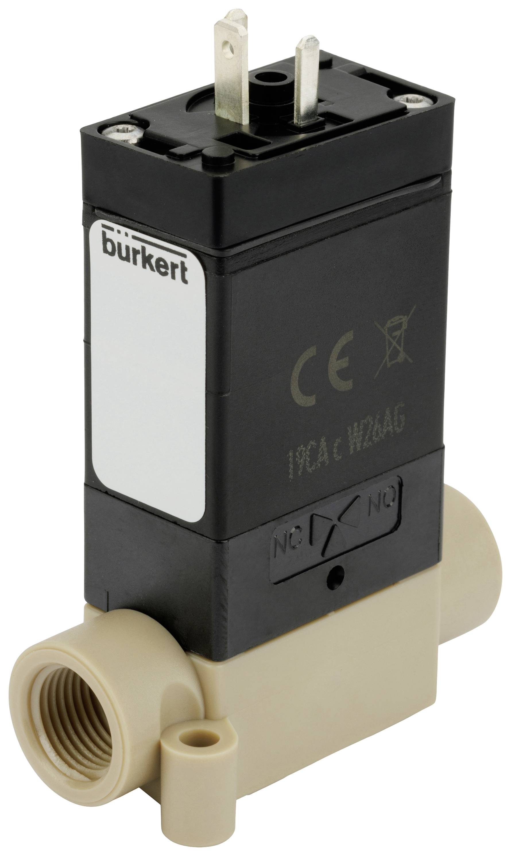 Una valvola elettromagnetica Bürkert con involucro in plastica e due spinotti, utilizzata per il controllo di liquidi o gas.