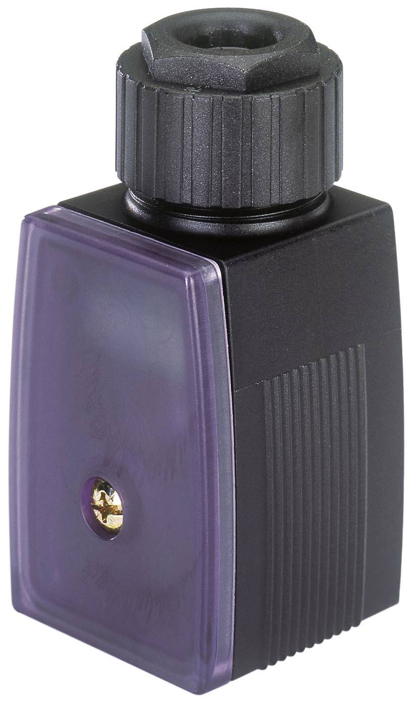 Un connettore nero in plastica rettangolare con coperchio a vite scanalato e un inserto trasparente viola in un angolo.