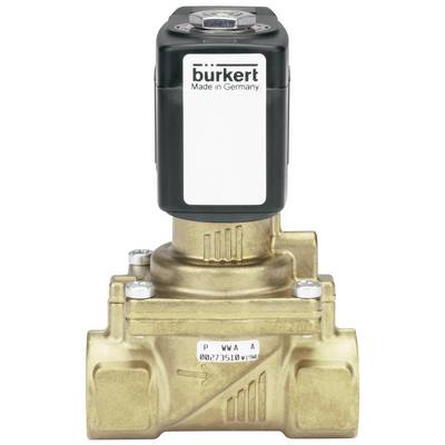 Valvola elettromagnetica in ottone del marchio Bürkert, con scritta 'Made in Germany' sulla testa di comando nera. Valvola adatta per applicazioni industriali.