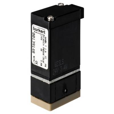 Una piccola valvola elettromagnetica nera con etichetta 'burkert'. Controlla il flusso in un sistema di liquidi o gas.