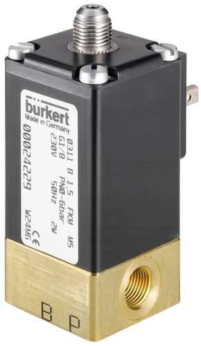 Una valvola elettromagnetica rettangolare con custodia in metallo del marchio Bürkert, utilizzata in sistemi di controllo di liquidi o gas.