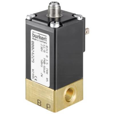 Una valvola elettromagnetica rettangolare con custodia in metallo del marchio Bürkert, utilizzata in sistemi di controllo di liquidi o gas.