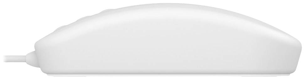 Mouse bianca per computer vista lateralmente, design essenziale privo di tasti visibili o rotella di scorrimento.