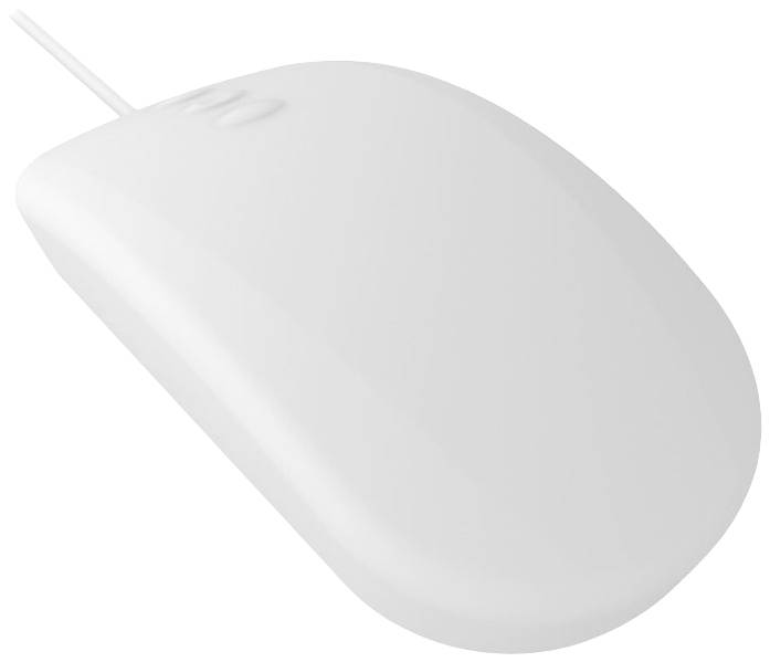 Mouse bianca con cavo, design minimalista, vista laterale.
