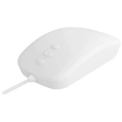 Mouse bianca per computer con tre tasti e cavo, vista laterale.