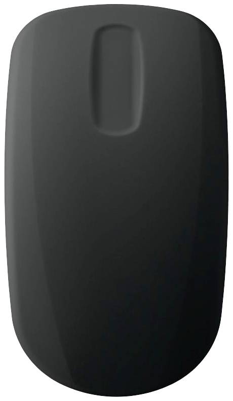 Mouse nera, wireless, con design minimalista, forma ovale e un unico pulsante centrale sulla parte superiore.