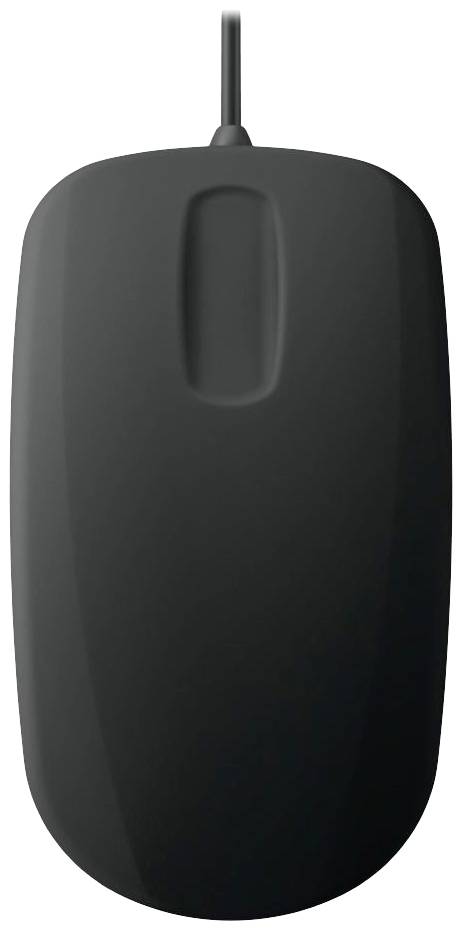 Un mouse cablato nero con design essenziale, mostrato in vista dall'alto.