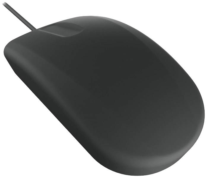 Un semplice mouse nero con cavo, ripreso lateralmente dall'alto, su uno sfondo bianco.