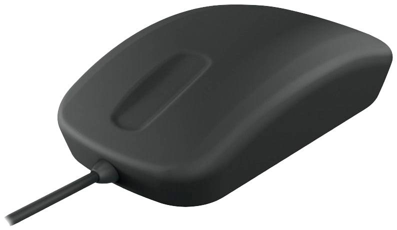 Mouse nera per computer con cavo, design essenziale, vista dall'alto.
