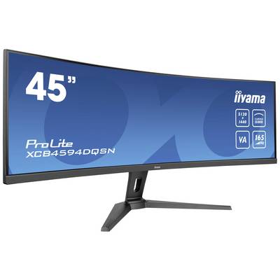 Un monitor curvo iiyama da 45 pollici, modello ProLite XCB4594DQSN. La scritta sottolinea la risoluzione di 5120x1440 e la frequenza di aggiornamento di 165 Hz.