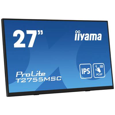 Schermo di monitor con grafica di sfondo blu. Nome del marchio, dimensione dello schermo '27"', numero modello 'ProLite T2755MSC'. Loghi IPS e PCAP.