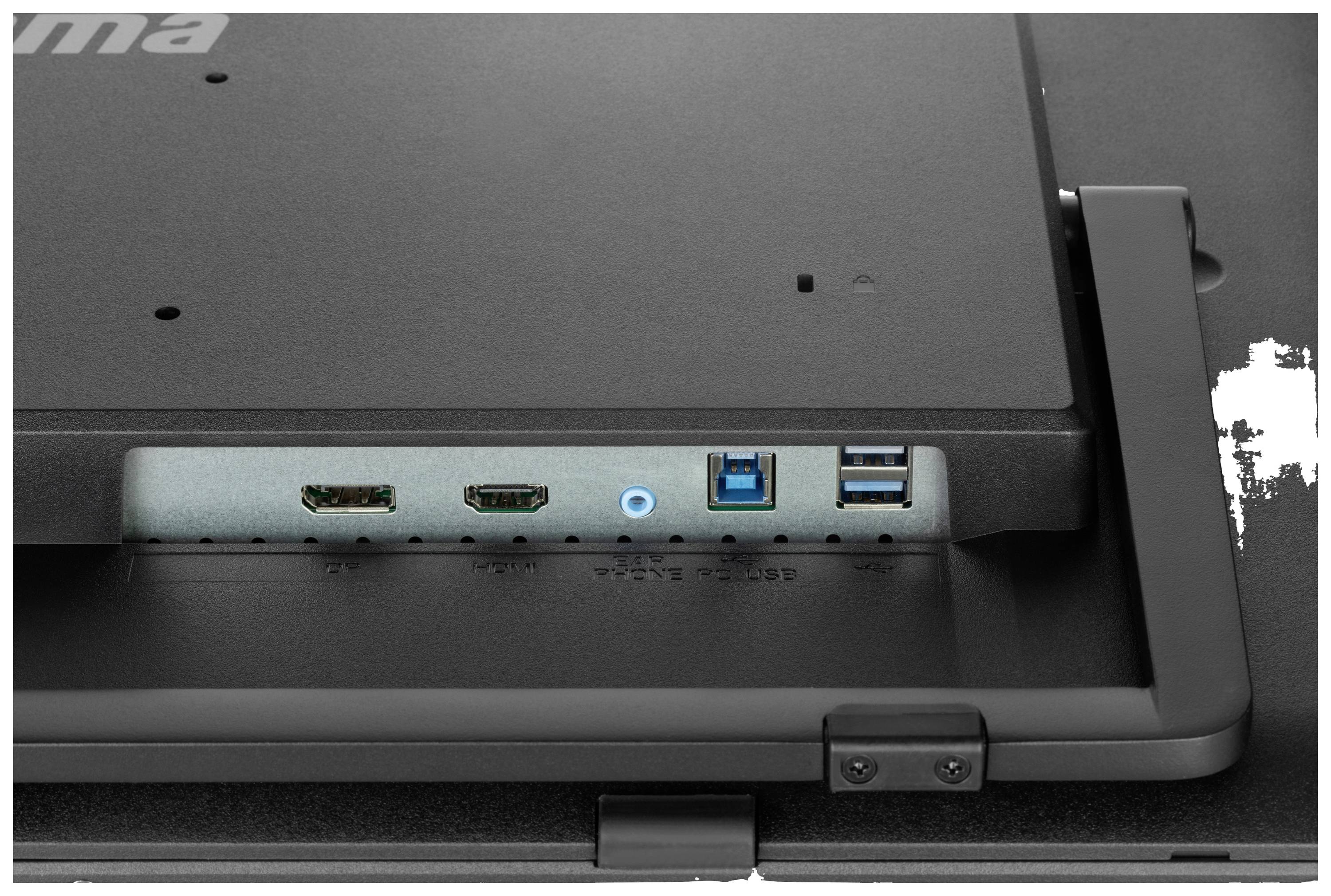 Primo piano del retro di un monitor con porte: HDMI, DisplayPort, USB 3.0 e USB 2.0.