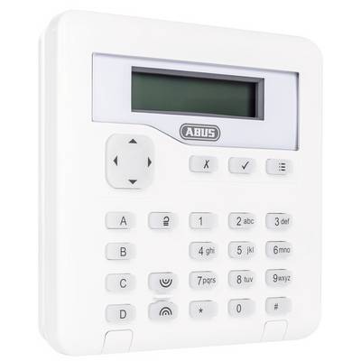 Un tastierino bianco per un sistema di sicurezza con tasti numerici e frecce, con un piccolo display sopra i tasti.