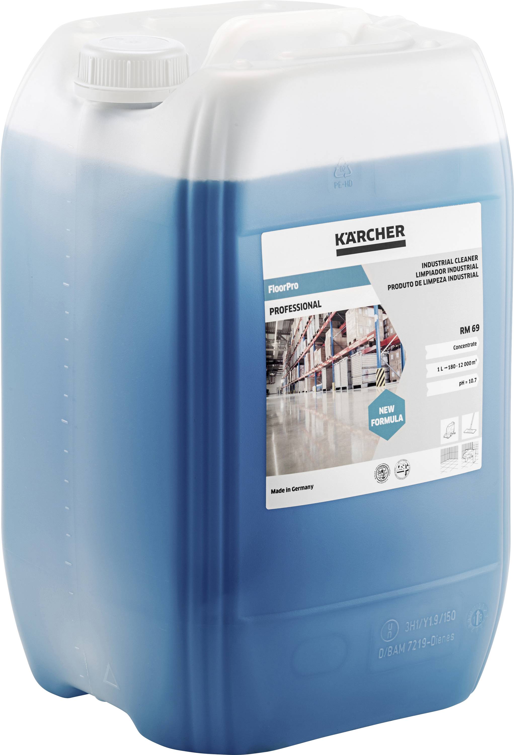 Un tanica blu con detergente Kärcher, l'etichetta mostra l'applicazione per la pulizia industriale dei pavimenti, contenuto da 10 litri.