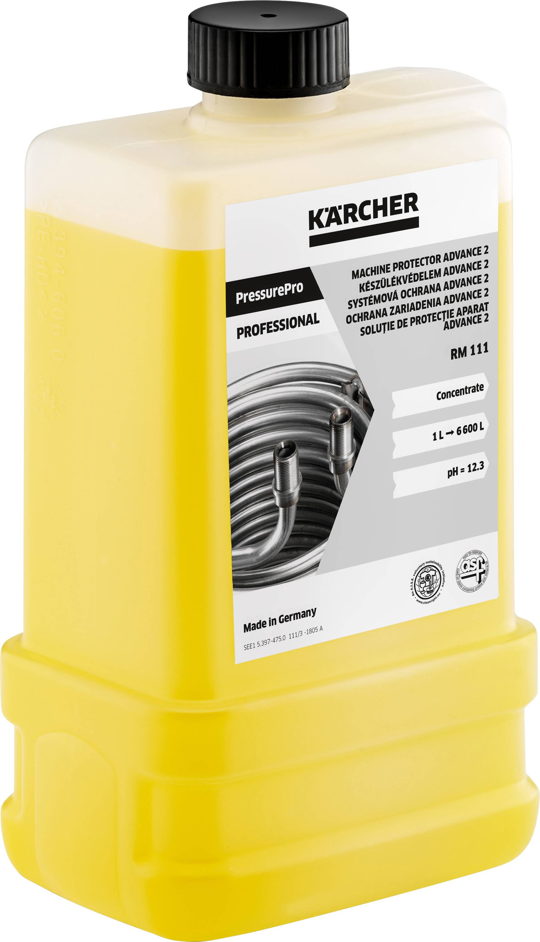Contenitore giallo da 1 litro di detergente Kärcher per la protezione delle macchine. Adatto all'uso professionale.