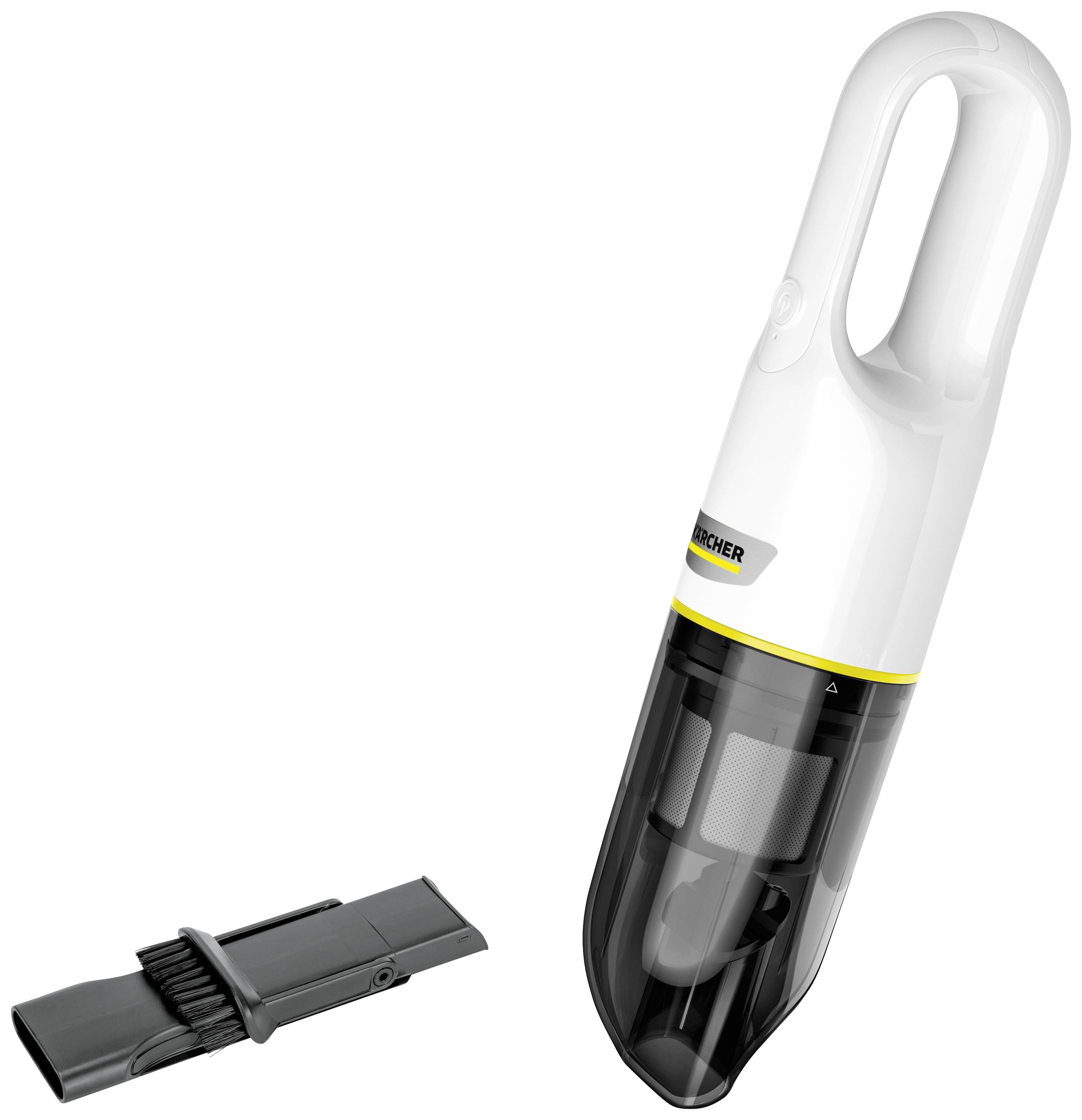 Un aspirapolvere portatile bianco con bocchetta intercambiabile, ideale per pulizie veloci in casa.