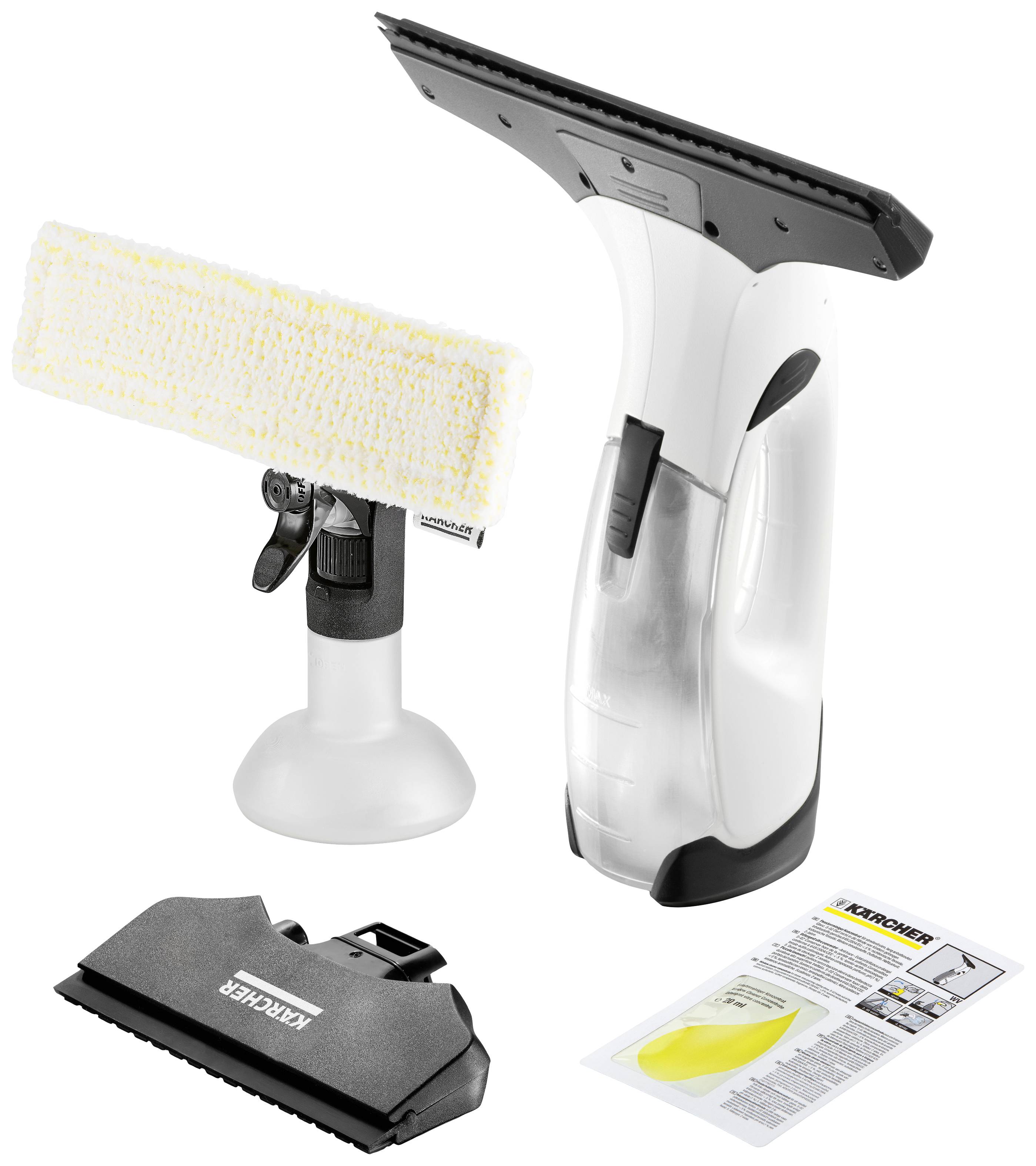 Un detergente per finestre bianco con flacone spray, due diversi accessori per la pulizia e un manuale di istruzioni su sfondo bianco.