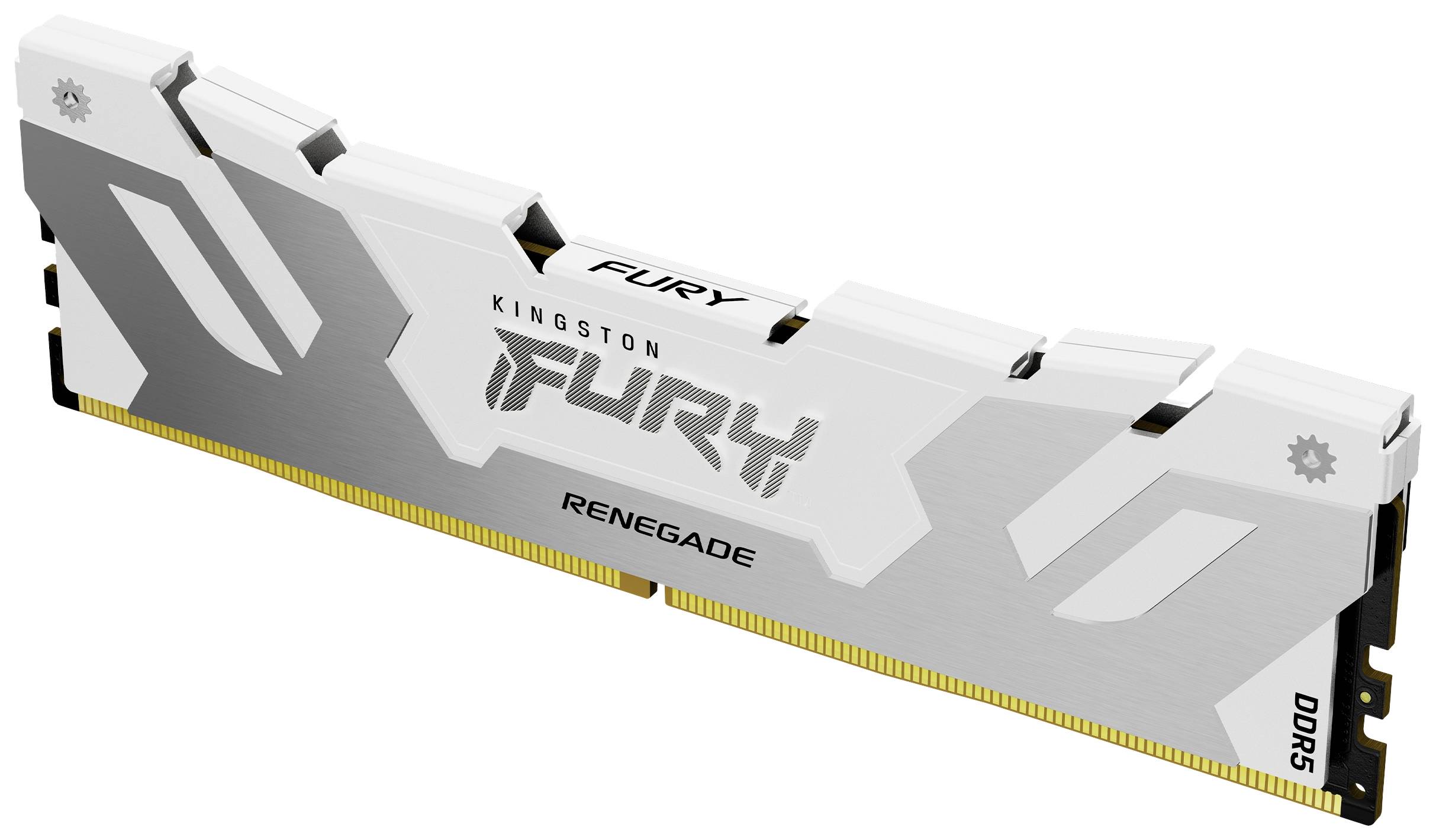 Un modulo di RAM DDR5 Kingston Fury Renegade bianco, con design nero e grigio, adatto per aggiornamenti di computer.