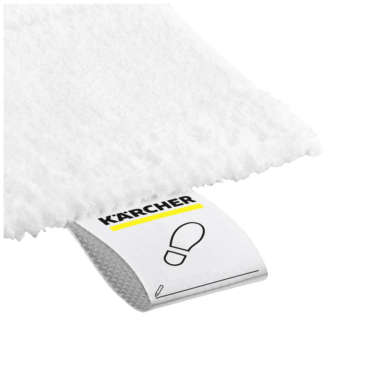 Nell'immagine è visibile un pad per la pulizia bianco con un'etichetta che riporta il marchio 'Kärcher' e un simbolo di stiratura.