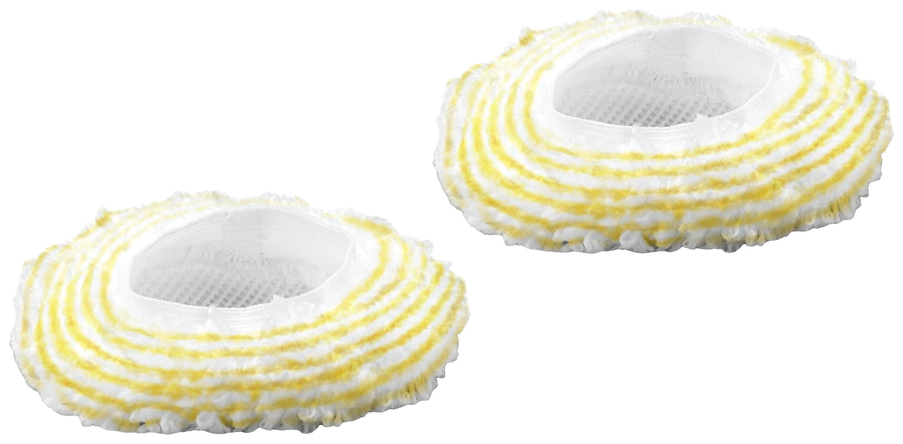 Due dischetti di pulizia rotondi a strisce giallo-bianche, realizzati in tessuto di fibre, probabilmente per accessori di pulizia o aspirapolvere.