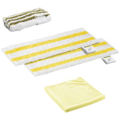 Un set composto da due panni per la pulizia bianchi con strisce gialle e un panno in microfibra giallo, utilizzato per diverse applicazioni di pulizia.