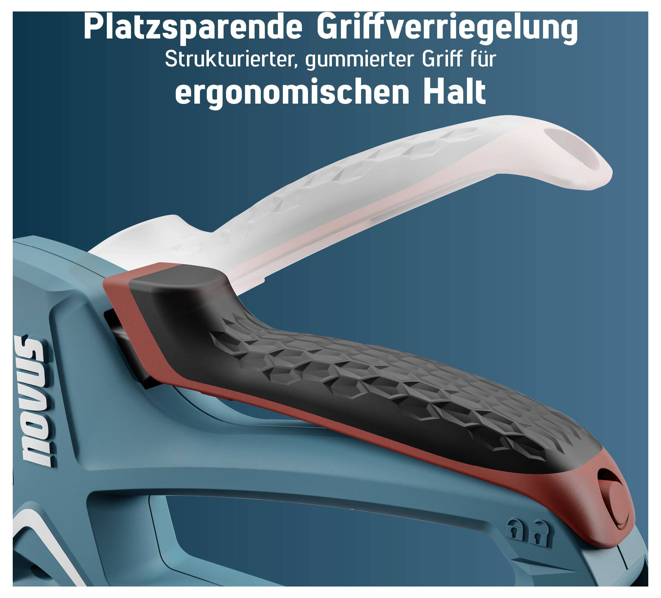 Primo piano di uno strumento alimentato a batteria con blocco della maniglia compatto; impugnatura in gomma strutturata per una presa ergonomica.