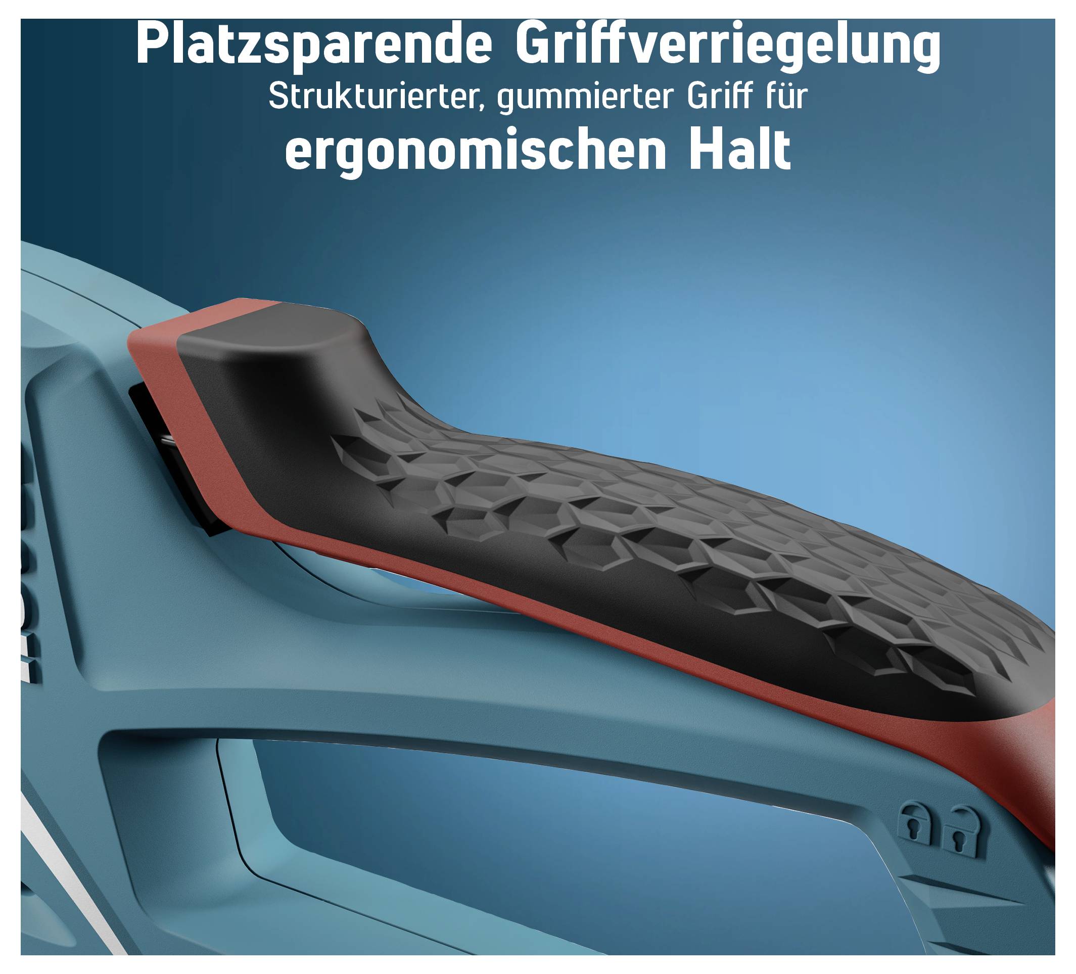 Grafica del prodotto di un tagliasiepi con impugnatura strutturata e gommata per una presa ergonomica e un blocco dell'impugnatura salvaspazio.