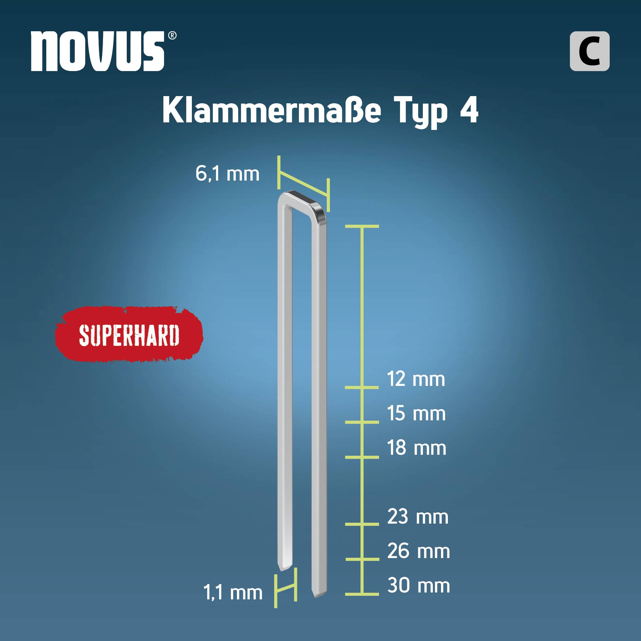 L'immagine mostra le graffette tipo 4 di Novus, con larghezza di 6,1 mm e altezze da 12 mm a 30 mm. Marcatura 'SUPERHARD'.