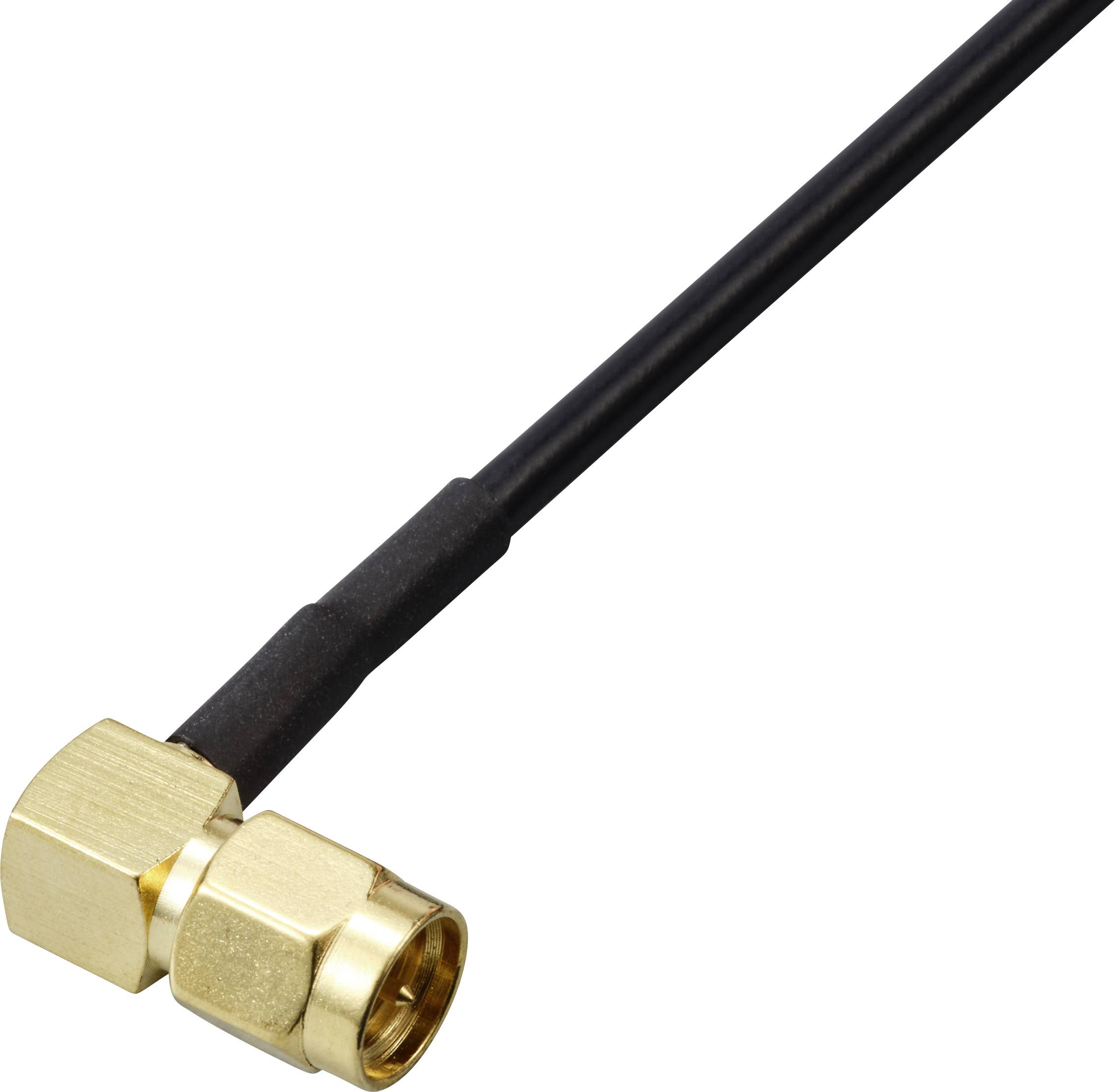 Un cavo coassiale con un connettore ad angolo retto in metallo, tipicamente utilizzato per connessioni in apparecchiature di comunicazione.