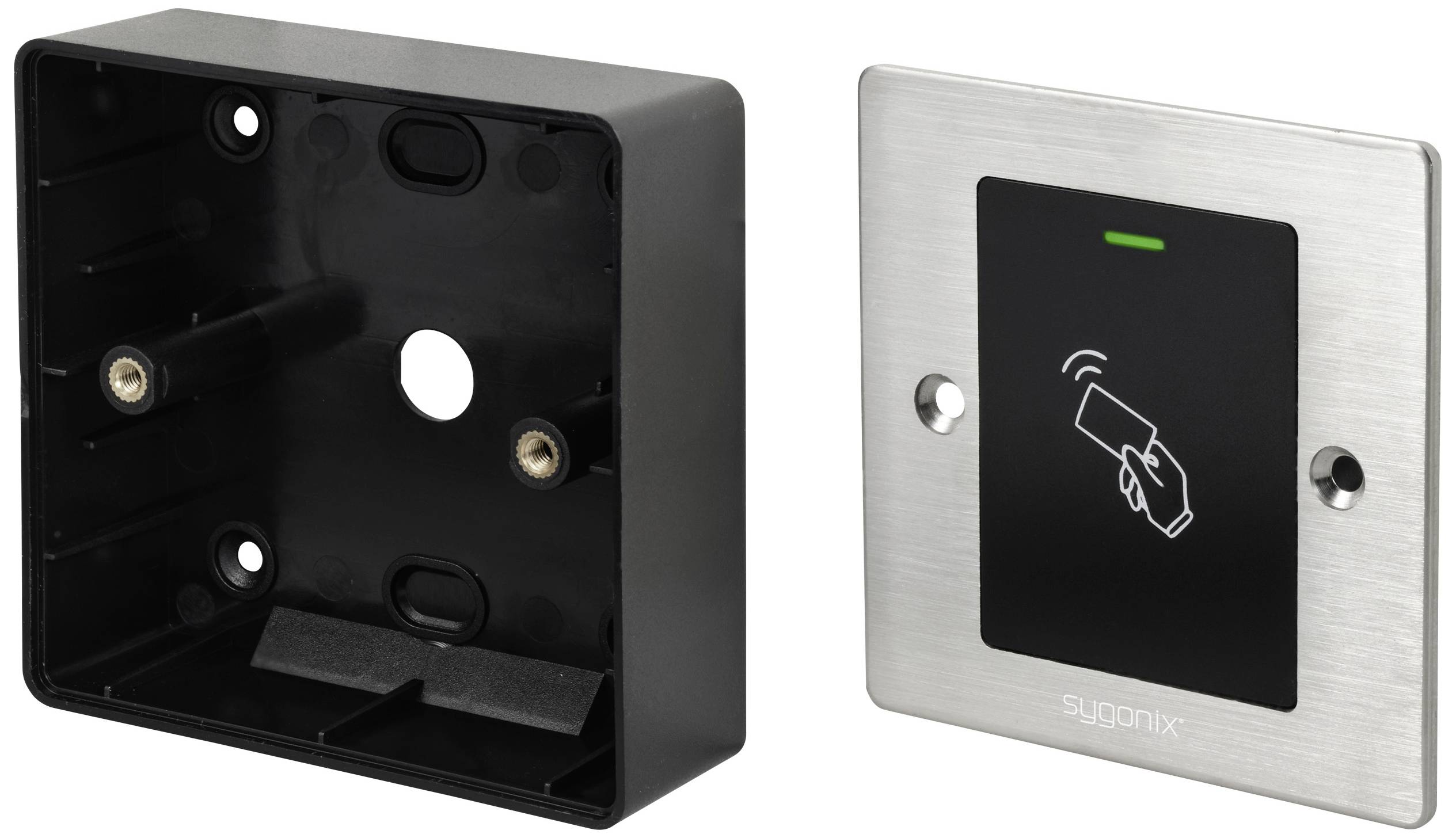 Interruttore con pannello di controllo nero per l'attivazione della carta. Alloggiamento sinistro vuoto. Utilizzato per il controllo degli accessi o sistemi di sicurezza.