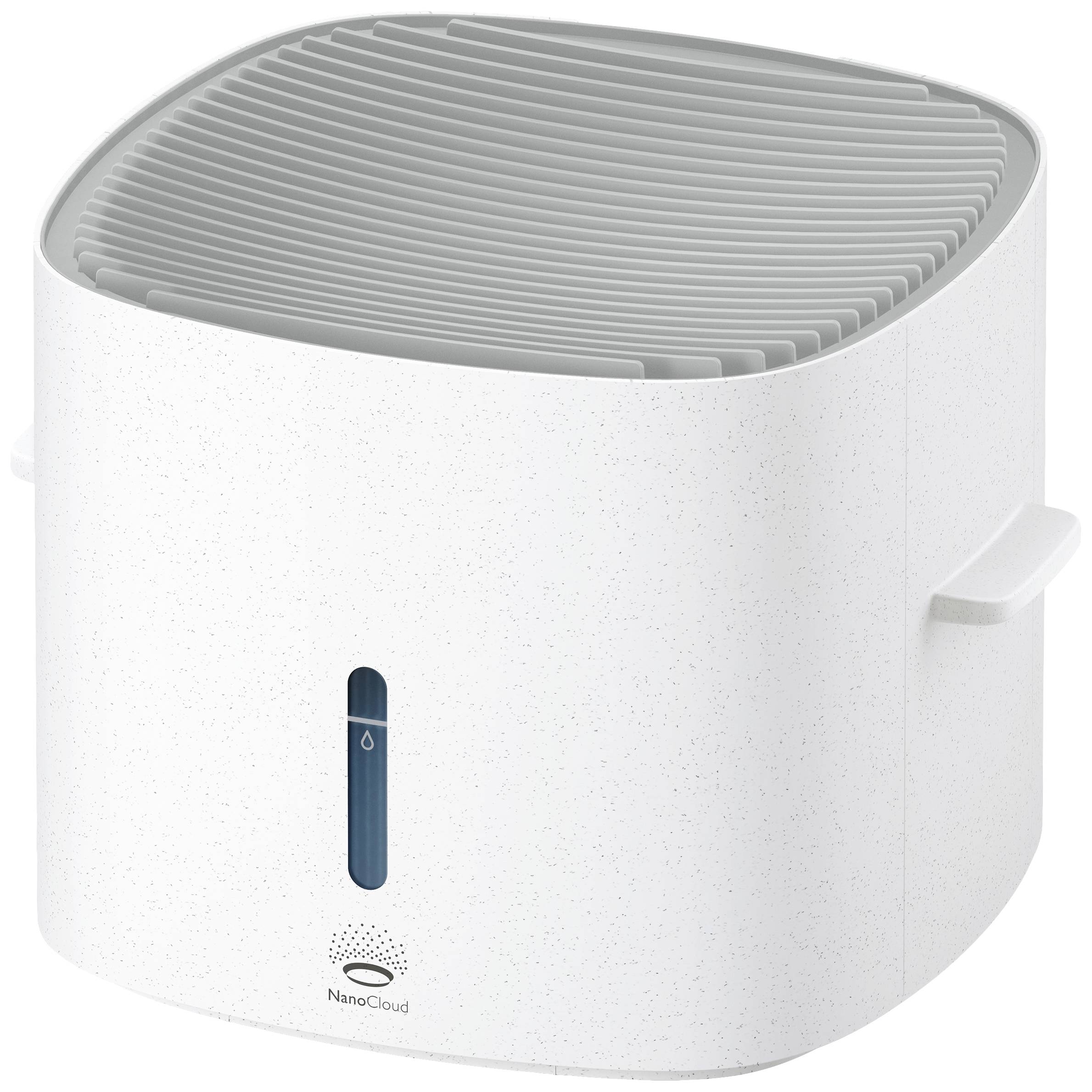 Un umidificatore bianco, quadrato, con coperchio grigio e indicatore del livello dell'acqua. Nel primo piano è visibile il logo 'NanoCloud'.