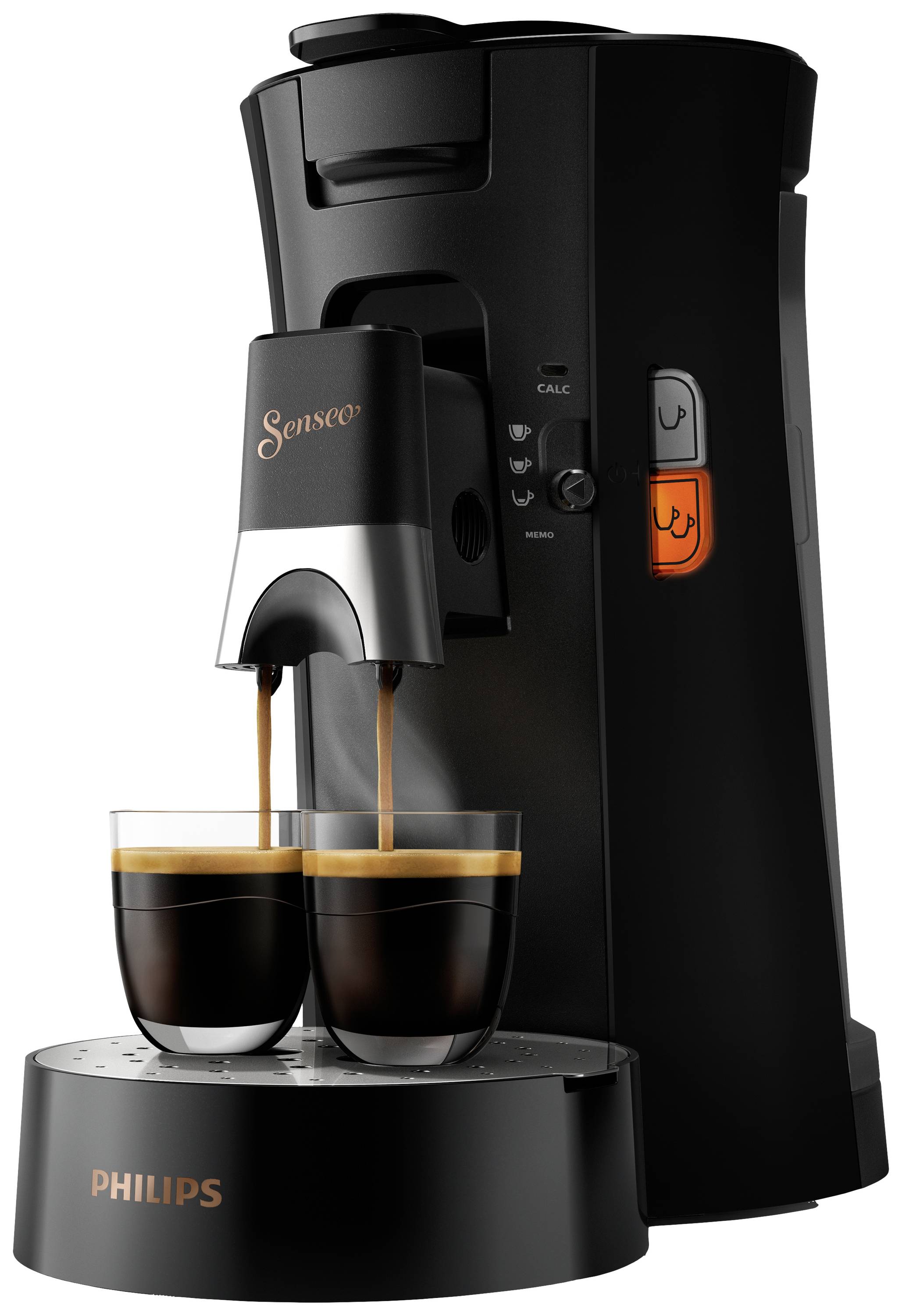 Una macchina da caffè Senseo nera di Philips sta preparando due tazze di espresso contemporaneamente.