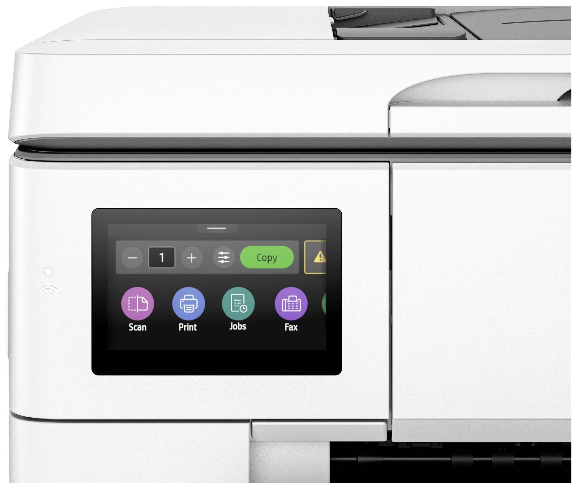 Stampanti multifunzione bianche con display; mostra le opzioni per 'Scansione', 'Stampa', 'Lavori' e 'Fax' con simboli.