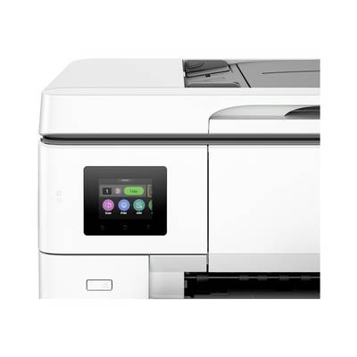 Una stampante multifunzione bianca con un display touchscreen che mostra le opzioni 'Copia', 'Scansione' e 'Fax'.