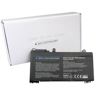 Batteria per laptop di ipc-computer davanti a una scatola di cartone. La batteria ha una tensione di 11,55 V e una capacità di 40 Wh (3500 mAh).