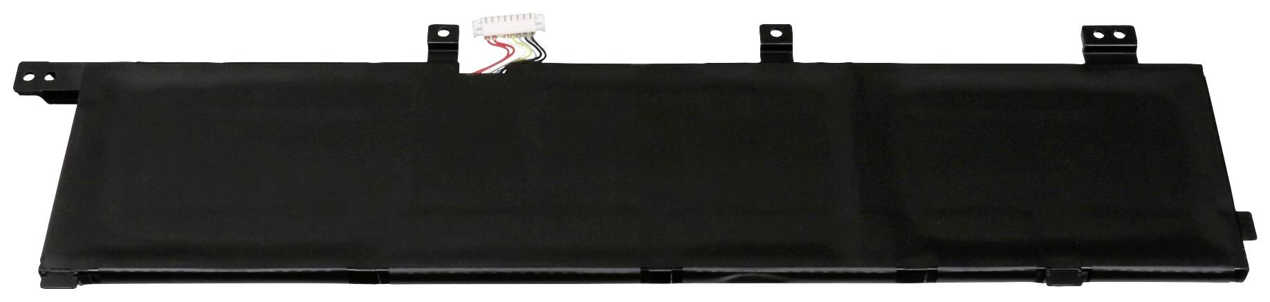 Batteria nera per laptop di forma rettangolare con diverse linguette di fissaggio. Un mazzo di cavi colorati sporge dal centro.