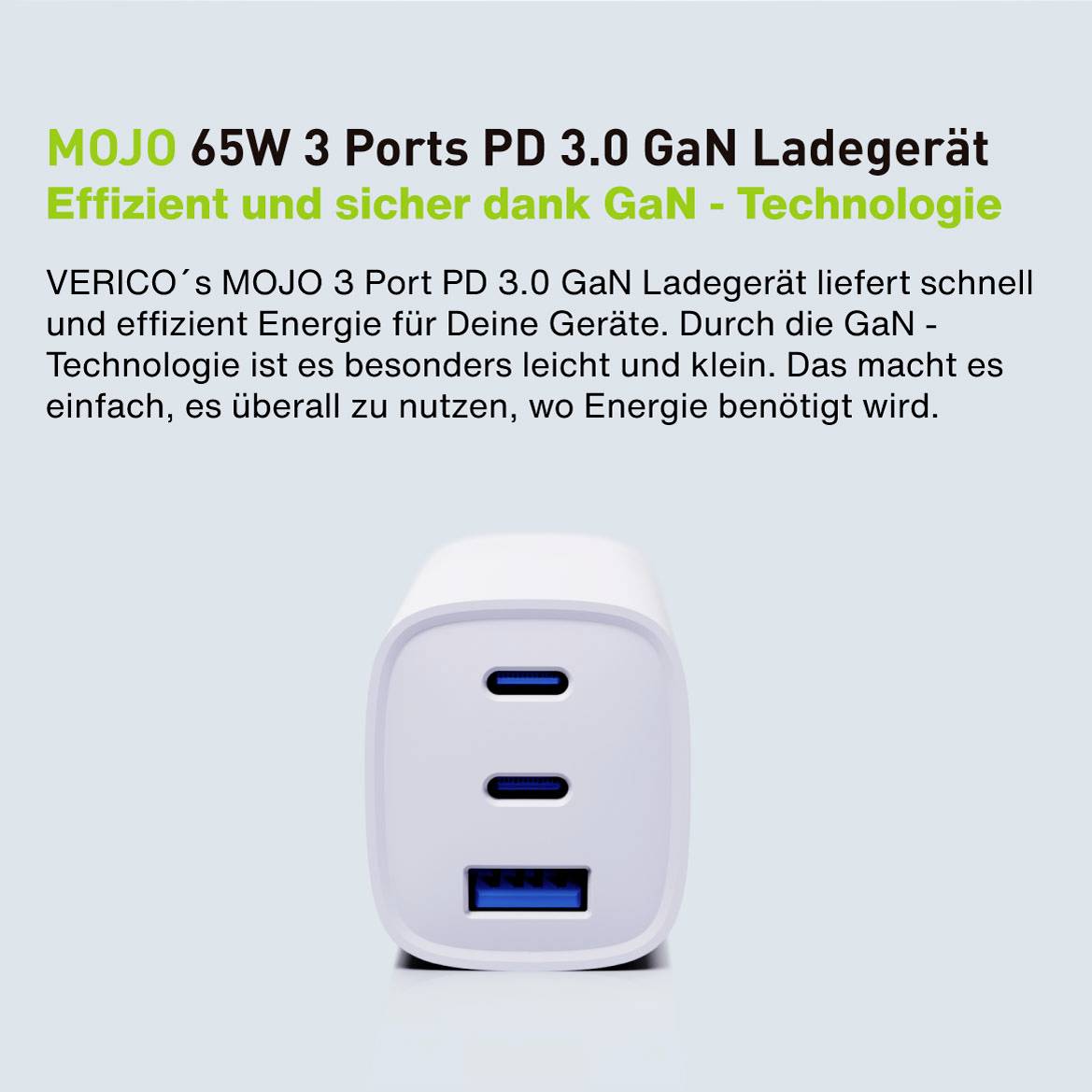 Caricabatterie MOJO da 65W con 3 porte e tecnologia GaN. Ricarica efficiente per dispositivi. Leggero, compatto, ideale per viaggiare.