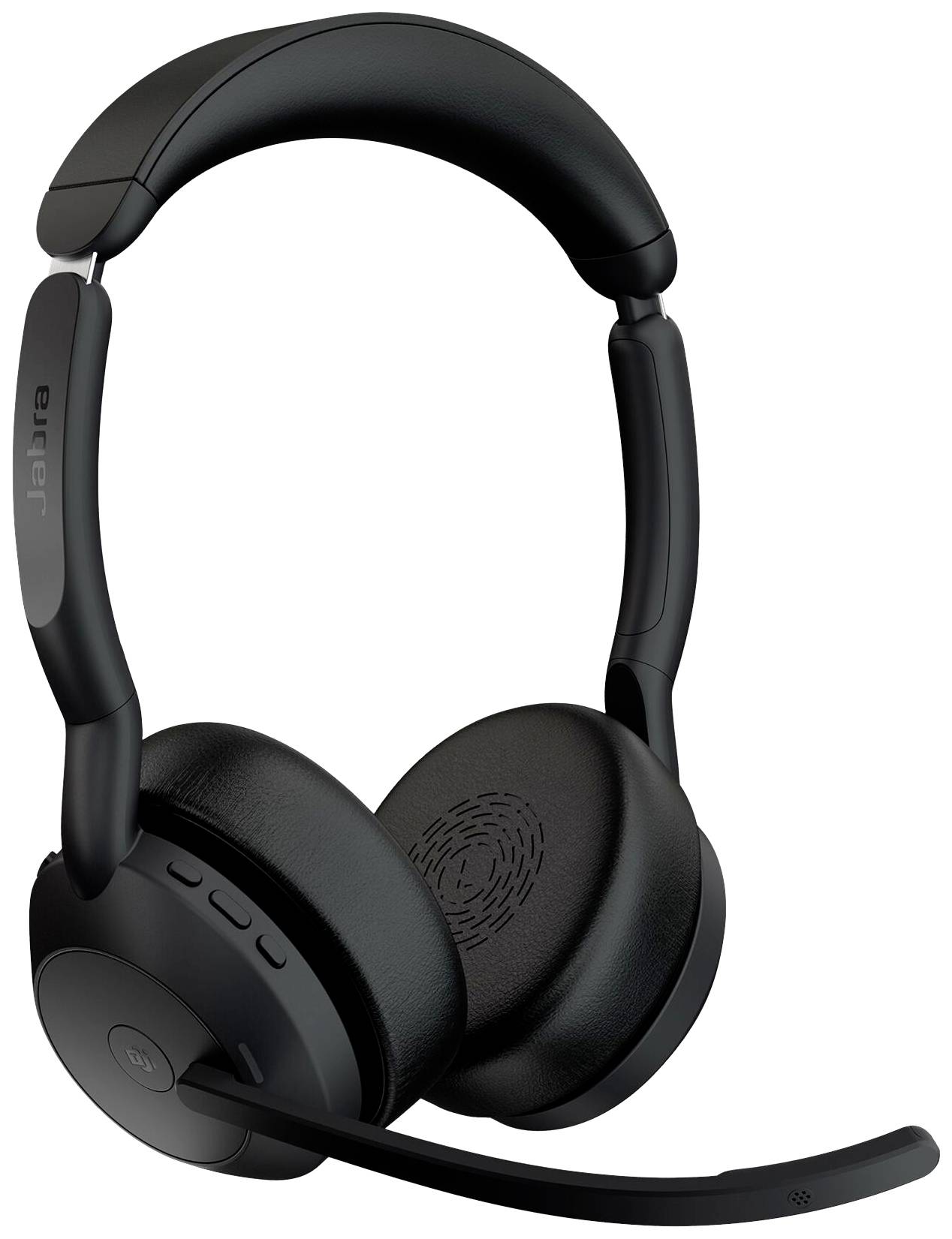 Cuffie wireless nere con imbottitura per le orecchie e braccio del microfono regolabile. Progettate per comfort e comunicazione chiara.