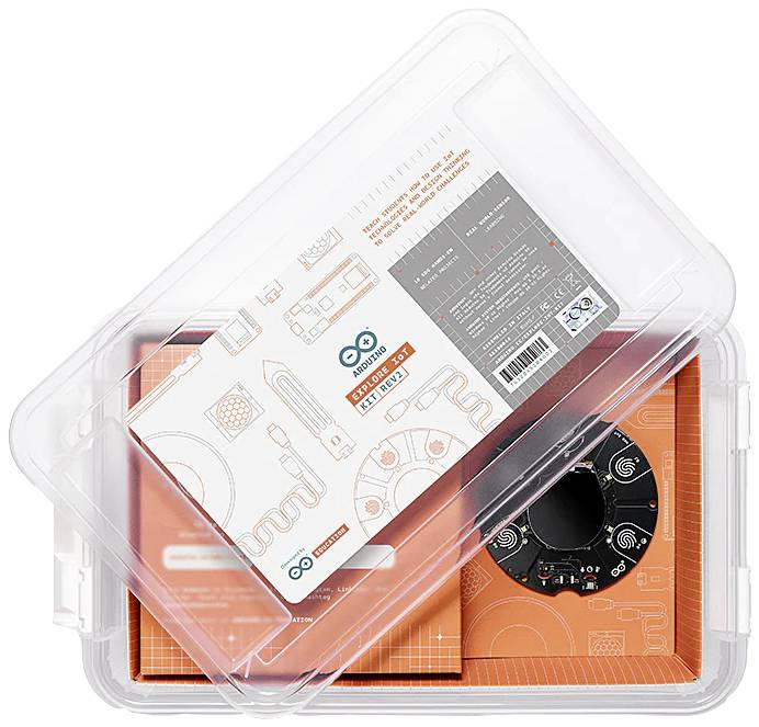 Kit Arduino per principianti in una scatola trasparente con componenti elettronici e istruzioni per la realizzazione di progetti.