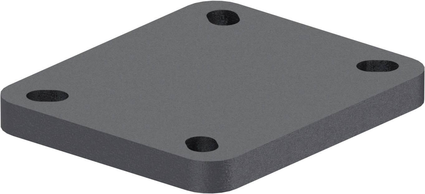 Pezzo di metallo grigio, quadrato con angoli arrotondati. Quattro fori, uno in ogni angolo, probabilmente servono per il fissaggio.